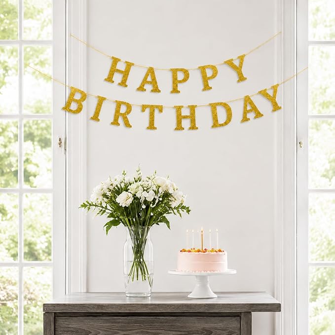 Happy Birthday Banner Gold Glitter Birthday Party Banner Pre-Strung | Happy - Image 4