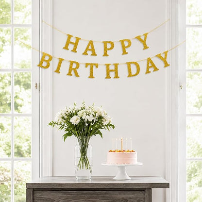 Happy Birthday Banner Gold Glitter Birthday Party Banner Pre-Strung | Happy - Image 4