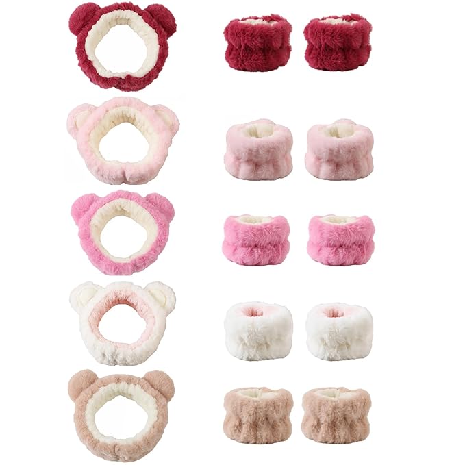 15PCS Cute Cat Ears Spa Headband for Washing Face Makeup Skincare Headband with Wrist Bands, Sleepover Party Supplies for Women/Teen Girl Trendy Stuff Present (15PCS Bear Ears, standard size)