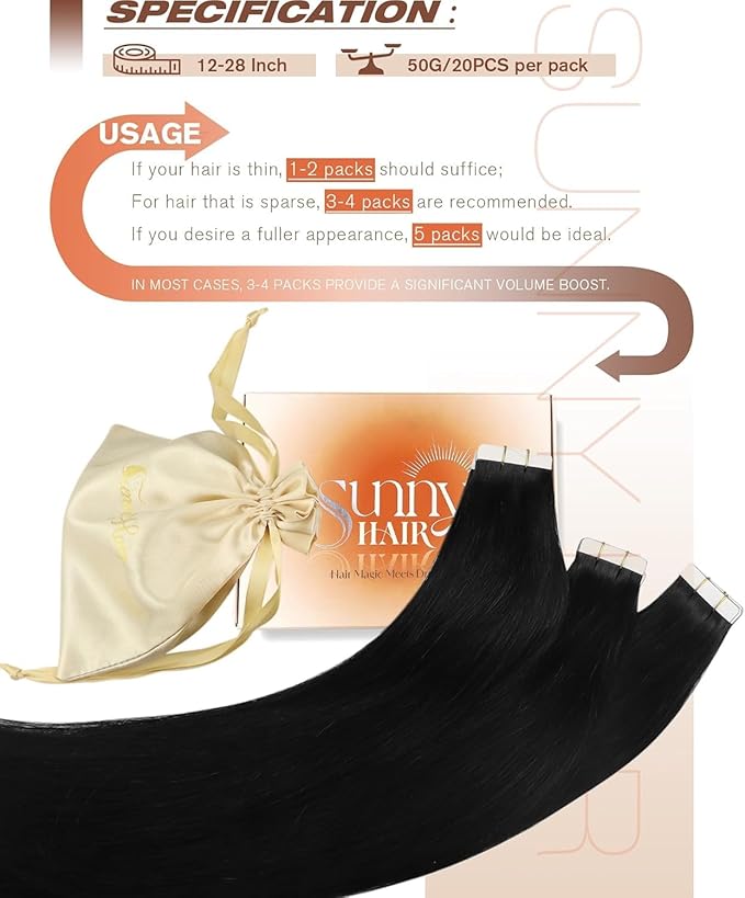 Sunny Hair Tape in Hair Extensions Human Hair 12inch Hair Extensions Real Human Hair Tape in Extensions for Women Jet Black Invisible Remy Hair Natural Straight Skin Weft Double Sided Tapes 20Pcs 30g