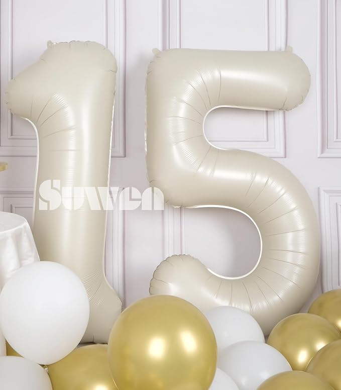 SUWEN 40 Inch Cream White Large 15 Number Balloons Big Foil Helium Number - Image 4