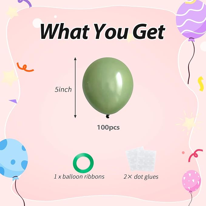 100pcs 5 Inch Small Sage Green Balloons | 5” Mini Olive Green Party Balloons Kit - Image 2