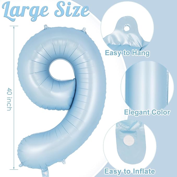 Light Blue Number 9 Balloon, 40 Inch Big Large Foil Number Balloons, Giant - Image 3