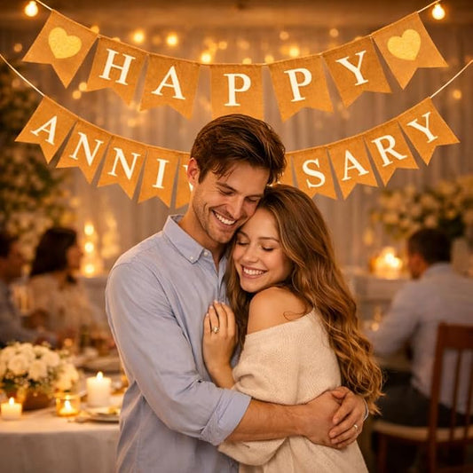 "Happy Anniversary" Burlap Banner – Rustic “Happy” and “Anniversary” across - Image 2