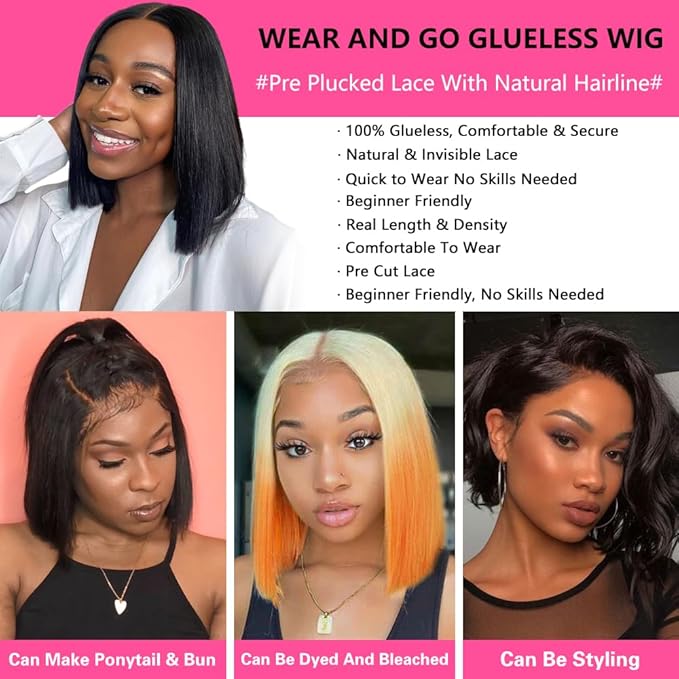 Wear and Go Glueless Bob Wig, 16 Inch, 180% Density, Human Hair, Natural Black, No Shedding, No Tangle, Adjustable Elastic Cap