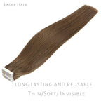 Lacer Remy Human Hair 22 Inch Tape In Extensions Chocolate Brown Color #4 Skin Weft Double Sided Adhesive 50 Gram Seamless Silky Straight Soft Hair Extension