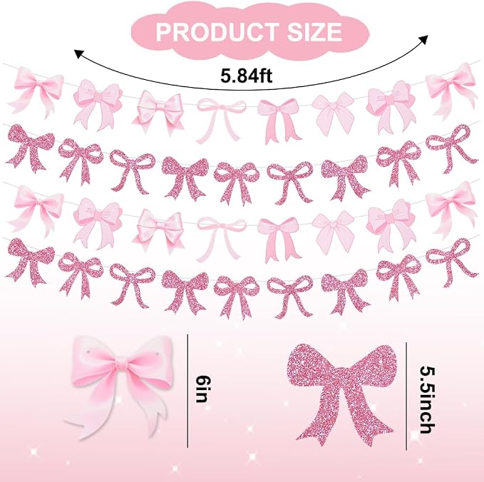 4pcs Glitter Pink Bow Garland Banner Pre-Strung Pink Bow Theme Party Backdrop - Image 2