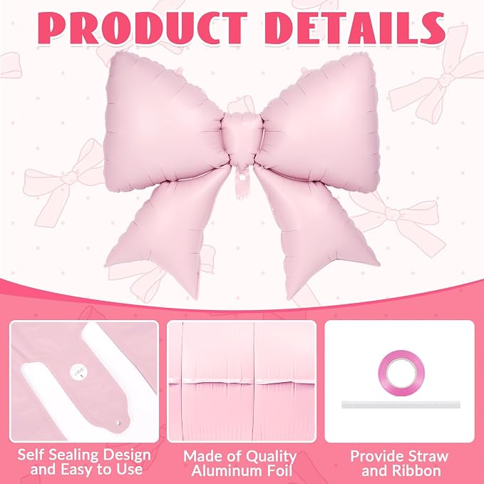 6 Pcs Pink Bow Balloons for Girls, 35 Inch Bow Foil Balloons - Image 5