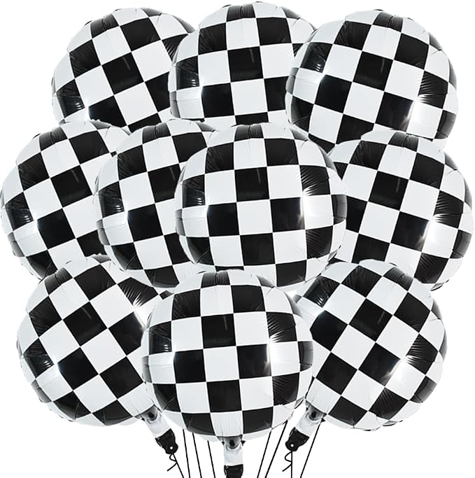 TONIFUL 18Pcs Checkered Round Foil Balloons Race Car Themed Party Decor | 18 by TONIFUL