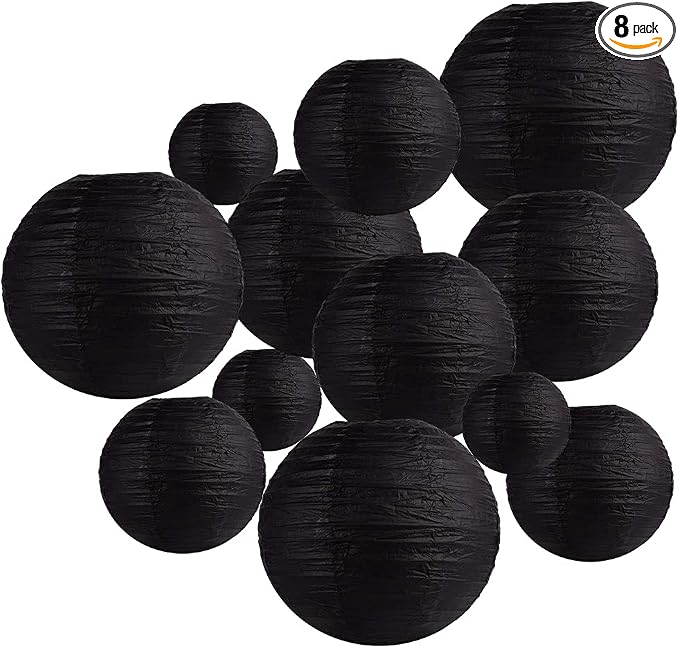 Black Paper Lanterns 12 Pcs Assorted size of 6" 8" 10" 12" Chinese Round Paper by Famolay