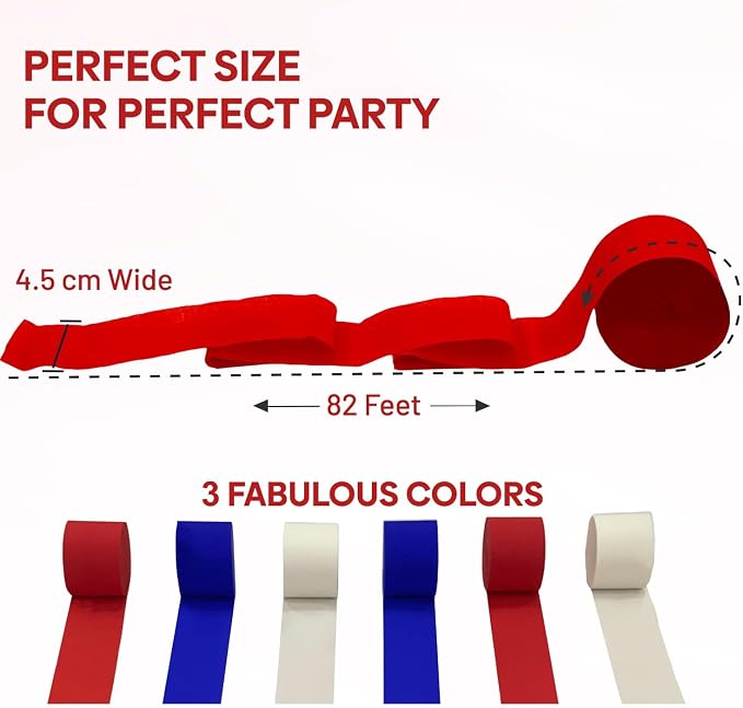 6 Red White Blue Streamers, 492ft Pack of Crepe Paper Party Decorations | Each - Image 3