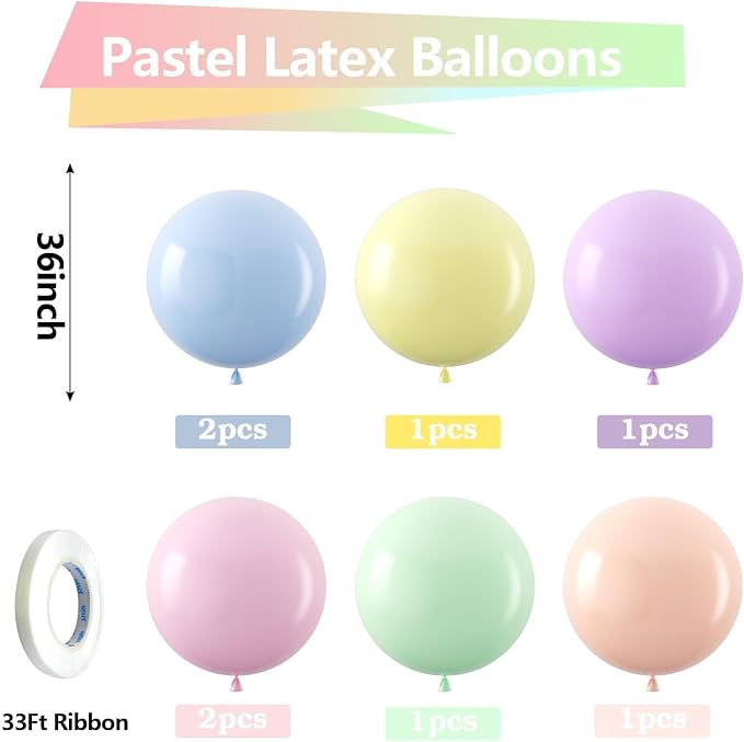 Bezente Pastel Latex Round Balloons Party Balloons 36 Inch 8 Pack | Jumbo - Image 2