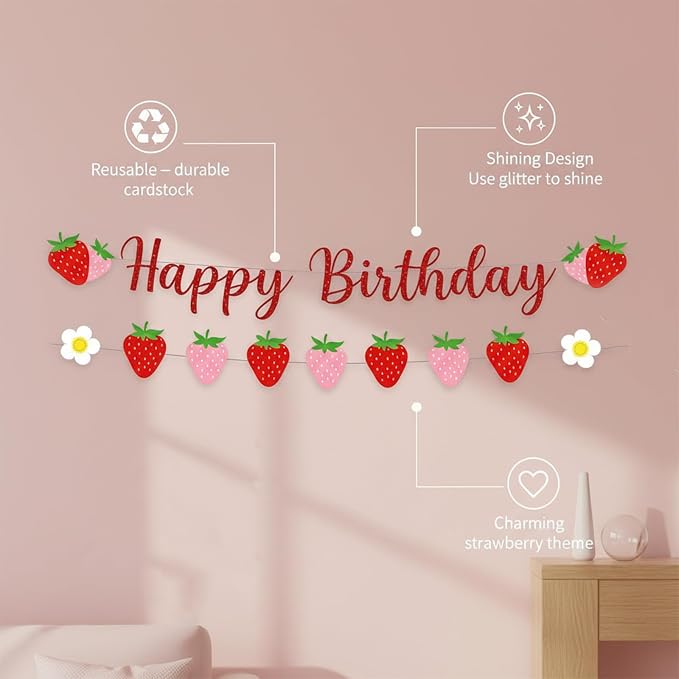 Strawberry Happy Birthday Banner, Strawberry Themed Birthday Party Decoration - Image 3