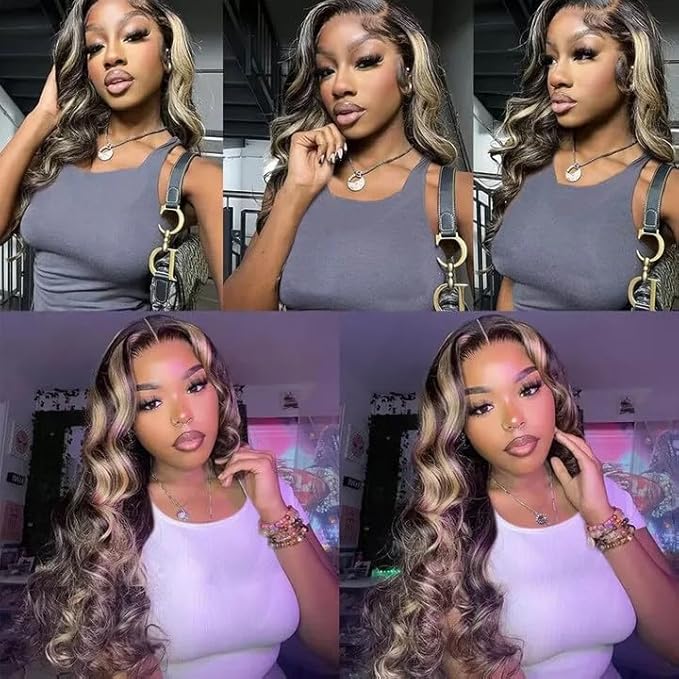 28 28 28 Inch Highlight Bundles Human Hair Blonde Body Wave Bundle Brazilian Virgin Remy Hair Extensions Niegmeag 2 Tone Black and Honey Blonde Bundle P1B27 Color