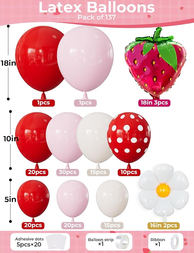 Strawberry Balloon Arch Garland Kit, Berry First Birthday Decor | 137 Pcs Pink - Image 2