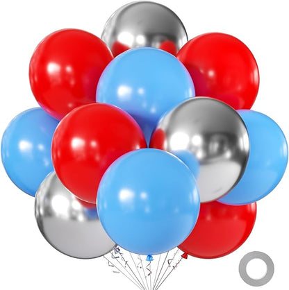 Blue Red and Silver Balloons 18 Inch 24 Pack Matte Helium Latex Round Balloons by KALOR