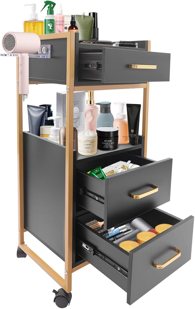 Salon Trolley with Wheels, 3 Drawers Salon Cart with Hair Dryer Holder Utility Salons Cabinet for Tools Storage at Barbershop Beauty Salons Tattoo Shop (Black)