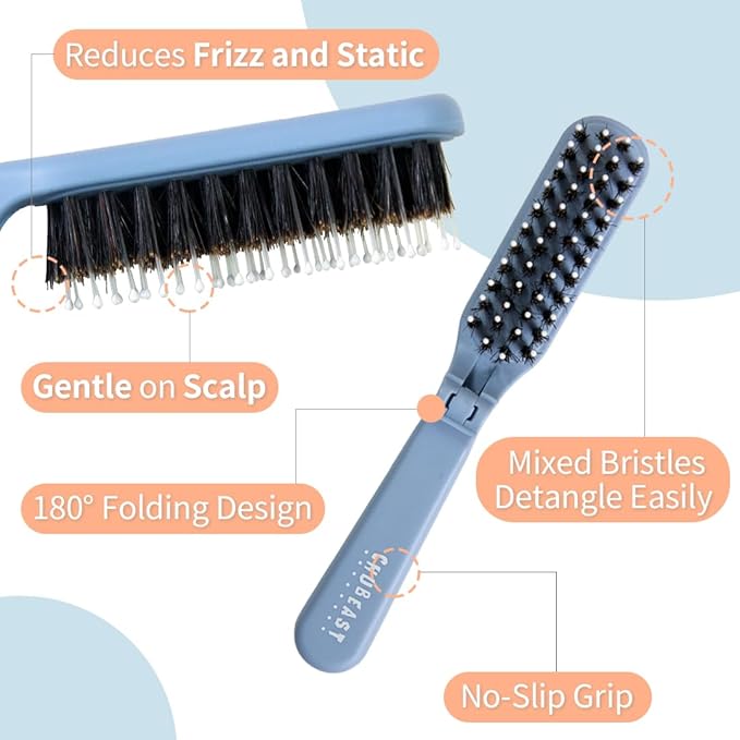 Uffy MiniPop Travel Hair Brush – Mini Folding Boar Bristles for Women, Men & Kids | Kid-Friendly Compact Comb for Wet & Dry Hair, Curly or Straight | Pocket-Size Detangler - Hot Pink on Black