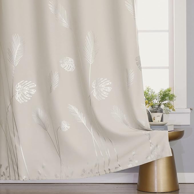 Cream Beige Curtain for Sliding Door 100W x 84L Inch Long Silver Palm Curtains - Image 4