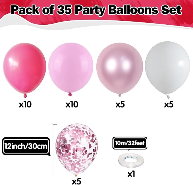 Pink Balloons Set 12 Inch Hot Pink and White Balloons 35 Pcs Rose Red Light - Image 2