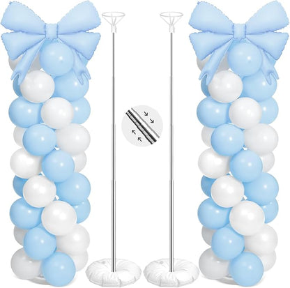 2 Sets Light Blue White Bow Balloon Column Stand Kit Includes 2 Bows & 100 by Charnoel
