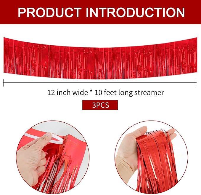 BEISHIDA Red Fringe Garland Banner 3Pack 30ft Wall Tinsel Foil Streamers | - Image 2