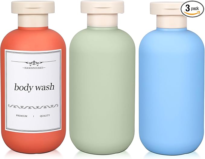 ASEVAT 6.7oz Airtight Plastic Travel Shampoo Bottles, Travel Shampoo and Conditioner Bottles Refillable, Empty Squeeze Bottle, Hand Soap Dispenser for Vacation, Gym, Lotion(OrangeGreenBlue)
