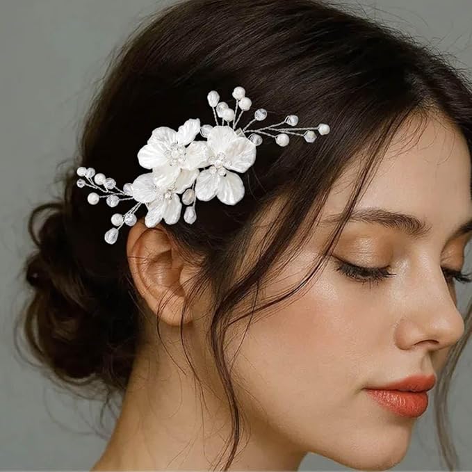 Asooll Flower Wedding Hair Barrette Clips Silver Bridal Hair Accessories Pearl Hair Pieces for Women (Silver)