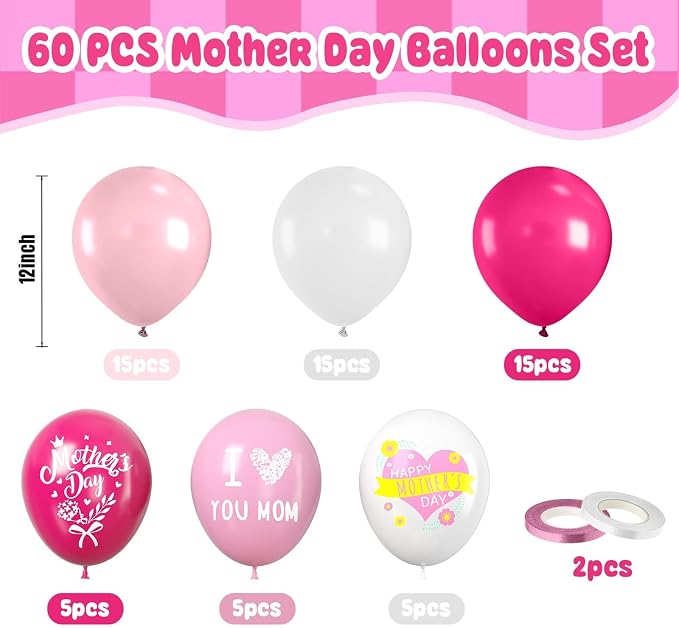 Paready Mother's Day Balloons Set, 12 Inch Helium Light Hot Pink White Latex - Image 3