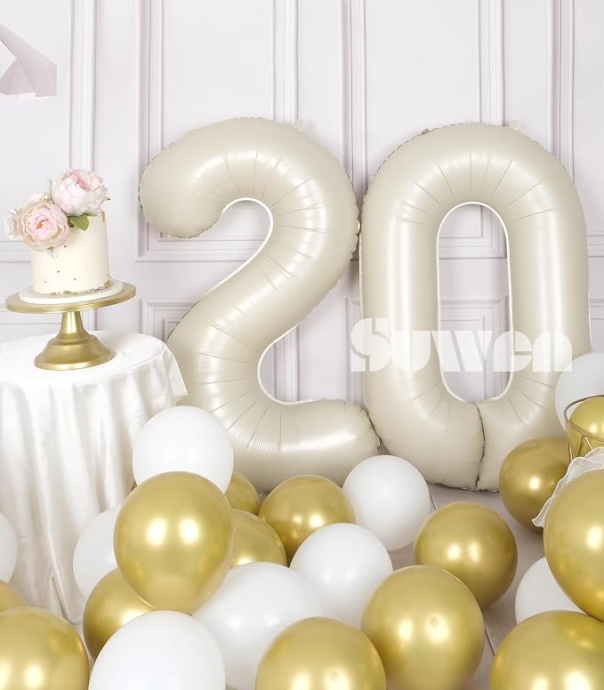 SUWEN 40 Inch Cream White Large 20 Number Balloons Big Foil Helium Number - Image 2