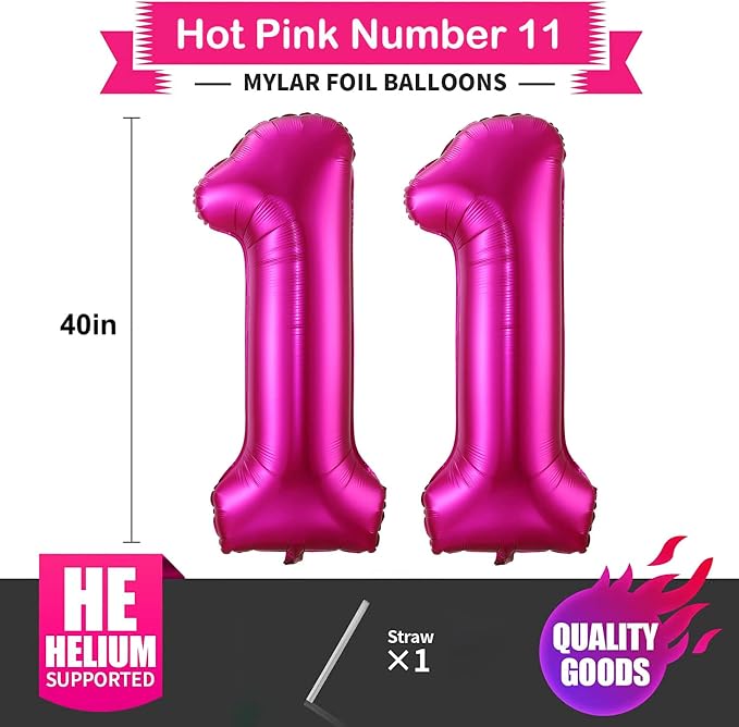 Hot Pink 11 Balloon Numbers, 40 Inch 11th Birthday Balloon Foil Mylar Number 11 - Image 2