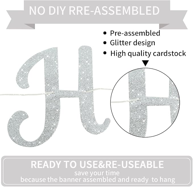 BEISHIDA Glitter Silver Happy Birthday Banner Party Decoration NO DIY 10Ft | - Image 2