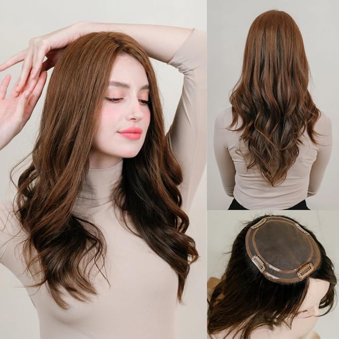 Katalaeya Hair 100% Human Hair Topper - Aurora Crown Double-Drawn Remy Clip-In Mono Base Top Piece for Women with Thinning Hair, Alopecia & Chemo Hair Loss (L6)