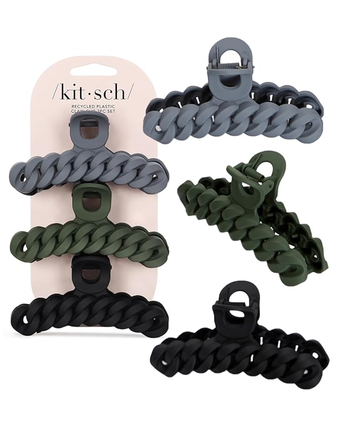 Kitsch Recycled Plastic Large Claw Clip, Big Chain Hair Clips for Women, Big Claw Clips for Thick Hair | Ideal Gifts for Women (3pc Set Black/Moss)