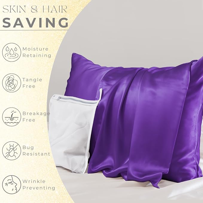 PROMEED Upgraded Grade 6A+ Purple Silk Pillowcase with Zipper, 23 Momme Natural Mulberry Silk Pillow Cases for Hair and Skin - Easy Care with Laundry Bag (King 20"x36", Purple)