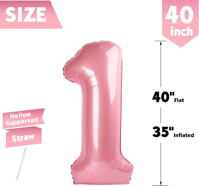 40 Inch Pastel Pink Number 1 Balloon, 1st Birthday Party Decorations | 40 Inch - Image 5