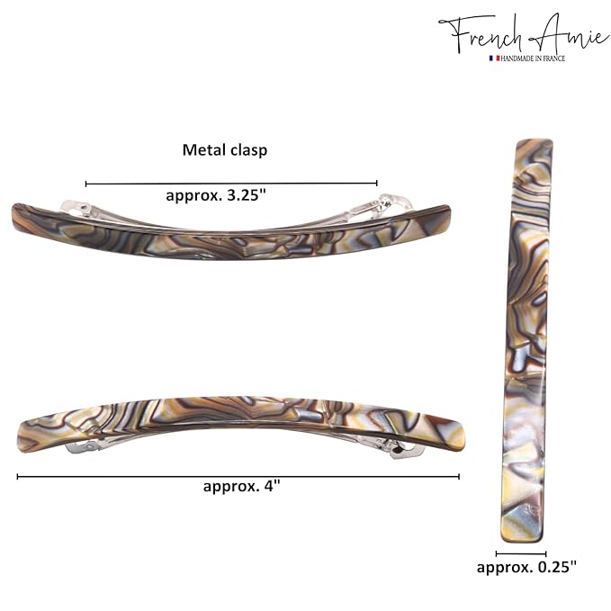 French Amie Long and Thin Large 4" Celluloid Automatic Handmade Hair Clip for Girls Strong Hold No Slip Grip Hair Claw Clips for Women, Made in France (Onyx)