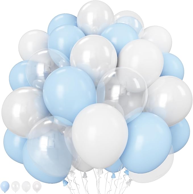 Blue and White Balloons, 12 Inch Blue White Clear Balloon, Pastel Blue Pearl by Froova