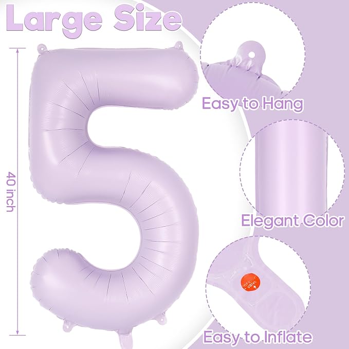 Light Purple Number 5 Balloon, 40 Inch Big Large Foil Helium Number Balloons - Image 3