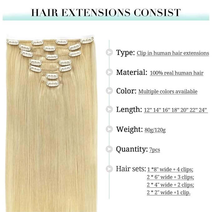 DOORES Clip in Hair Extensions Bleach Blonde 100g 7pcs 14 Inch Real Human Hair Extensions Straight Natural Remy Weft