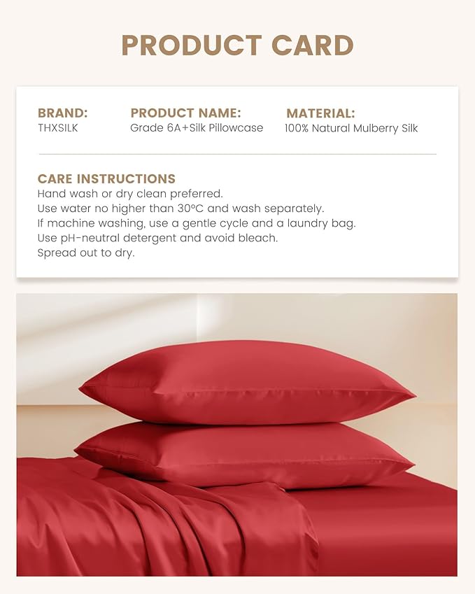 THXSILK Set of 2 100% Pure Mulberry Silk Pillowcases for Hair and Skin - Real Grade 6A+ Mulberry Silk - Durable, Soft and Anti-Aging Silk Pillow Cases with Zipper(King Size 20"x36", Red)