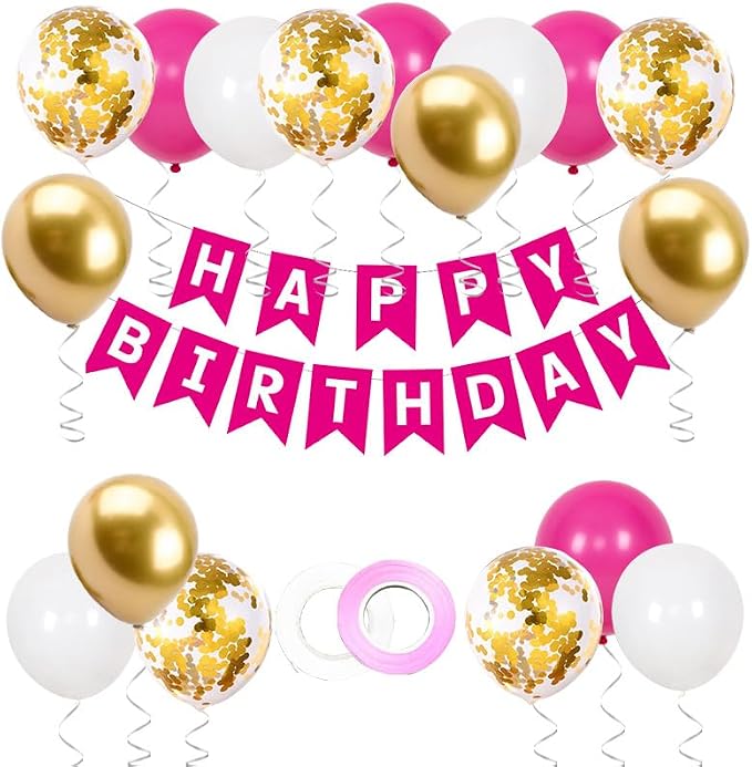 Rose Red Happy Birthday Banner Confetti Latex Balloon by BIEUFBJI