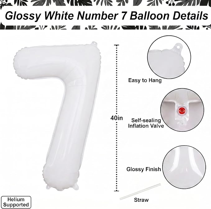 White Number 7 Balloon 40 Inch, Large White Foil Mylar 7th Birthday Decorations - Image 4