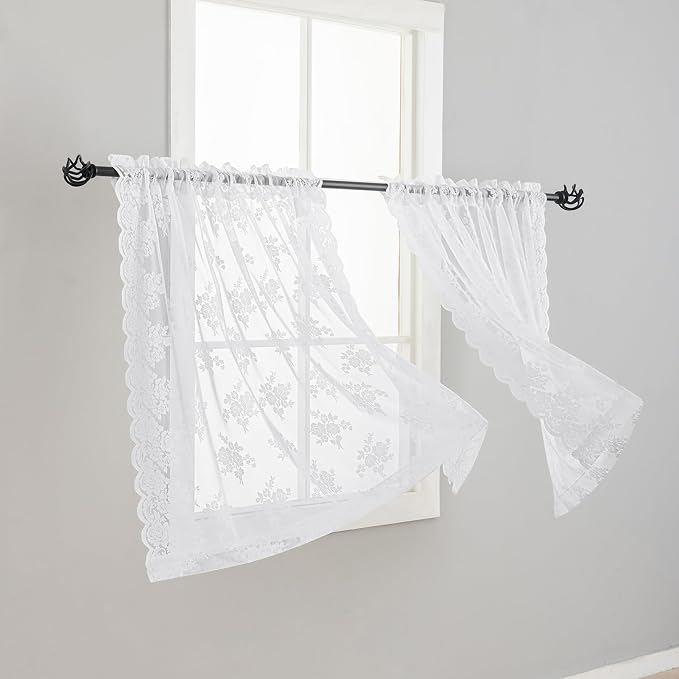 Kotile White Lace Curtains for Kitchen Windows W42 x L36 Inch, 2 Panels | Rod by Kotile+Curtains