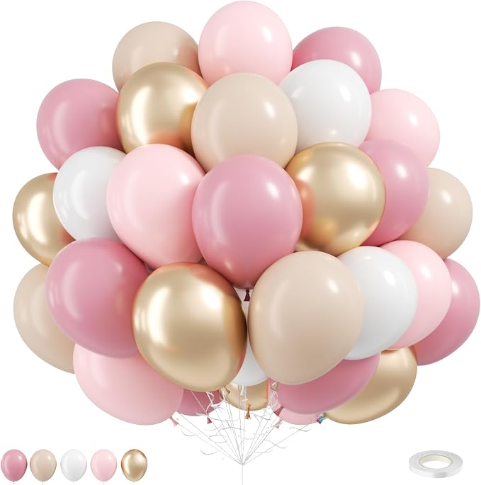 Dusty Pink Gold Balloons, 12 Inch Pastel Pink Metallic Gold Balloons by FunHot