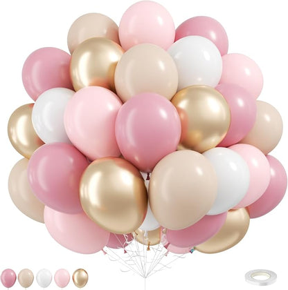 Dusty Pink Gold Balloons, 12 Inch Pastel Pink Metallic Gold Balloons by FunHot