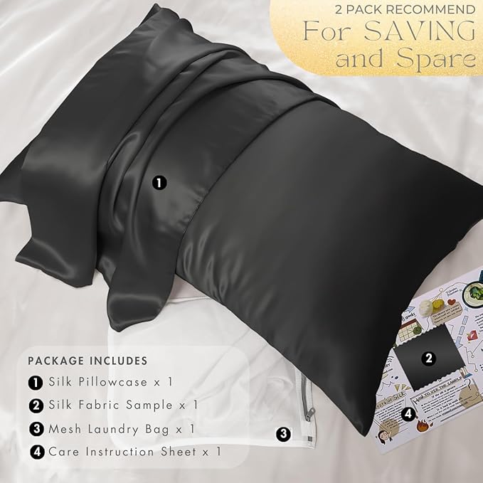 PROMEED Upgraded Grade 6A+ Black Silk Pillowcase with Zipper, 23 Momme Natural Mulberry Silk Pillow Cases for Hair and Skin - Easy Care with Free Laundry Bag (King 20"x36", Black)