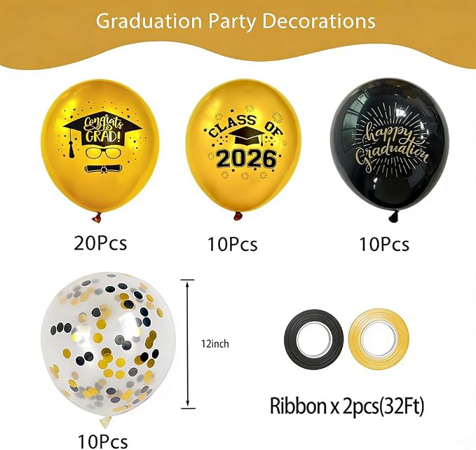 Graduation Party Decorations Balloons 50Pcs 12 Inch Black Gold Balloons Class - Image 2