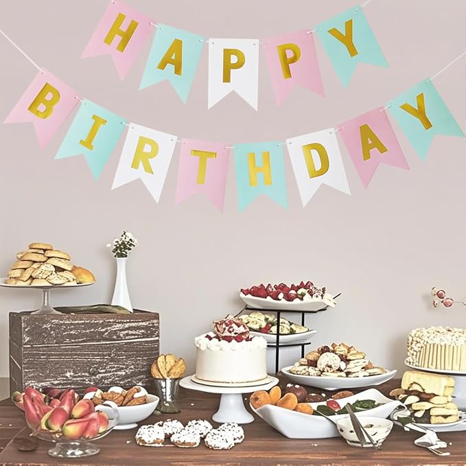 Happy Birthday Banner Birthday Party Supplies Garland Decorations Pink White - Image 3