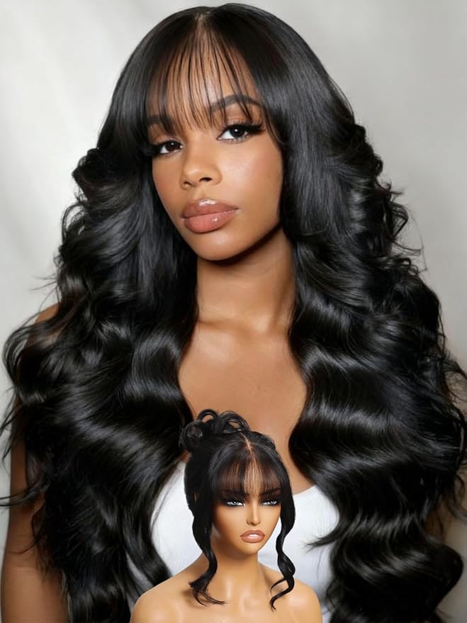 YIROO Pre Everything 13X4 HD Lace Front Real Scalp Glueless Wig Human Hair Wigs Loose Body Wave with Face Framing Curtain Bangs Pre Plucked Pre Cut Lace Pre Bleached Knots Wig Bye Bye Knots 20Inch